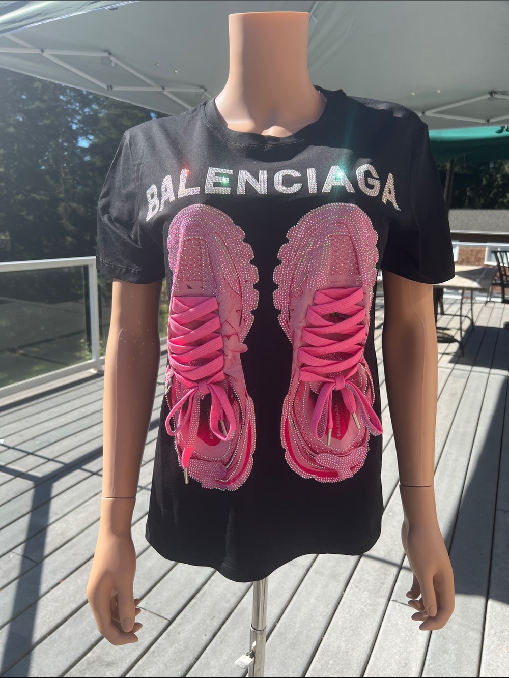 Fashion Inspired Black Tee with Hot Pink Sneaker Motif Size S/M